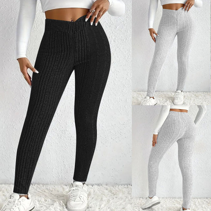 Damen Hochtaillierte Gerippte Feinstrick-Leggings mit Formbund und Stretchkompression Drune