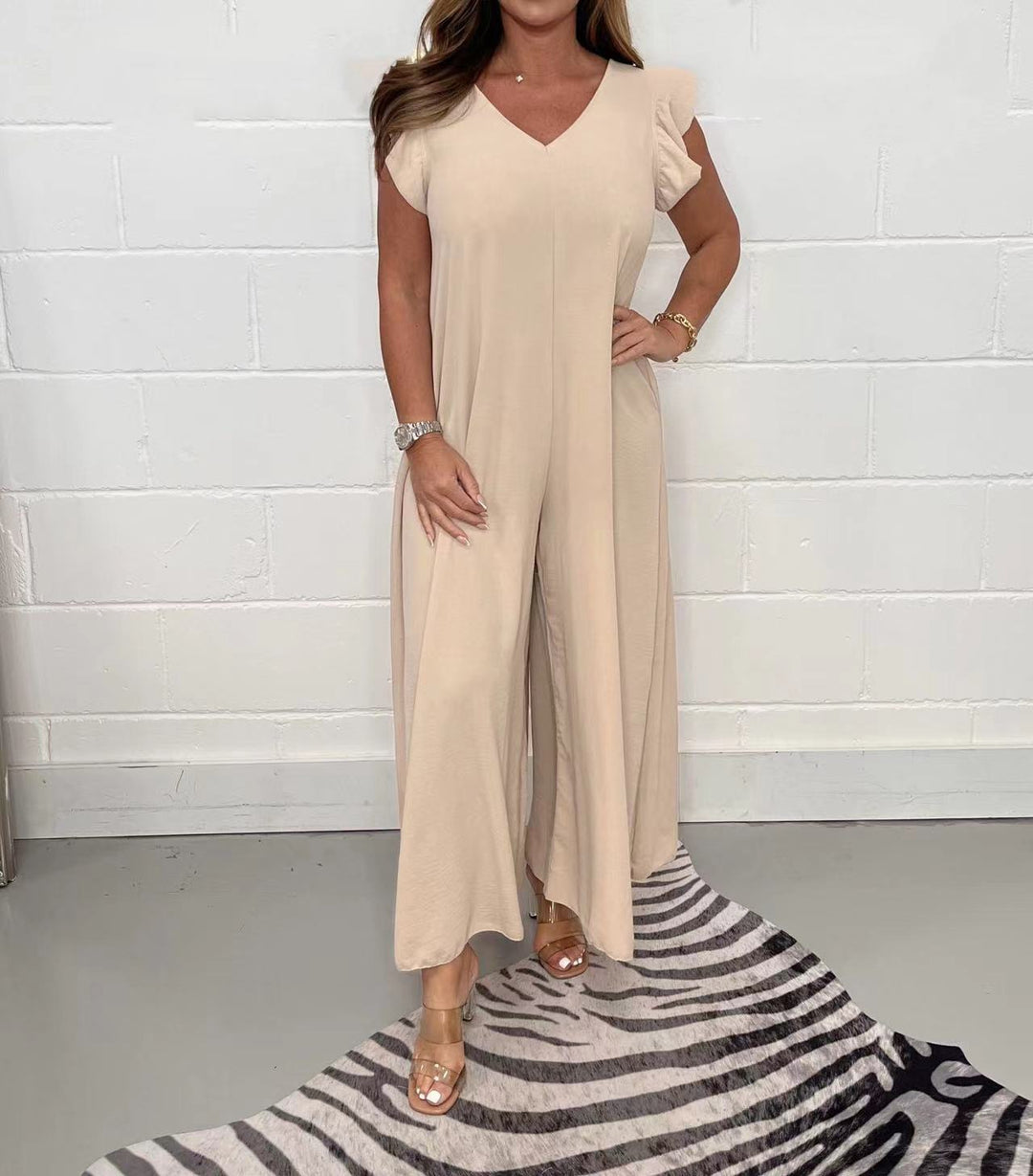 Damen gehobener Jumpsuit mit voluminösen Rüschenärmeln und V-Ausschnitt Drune