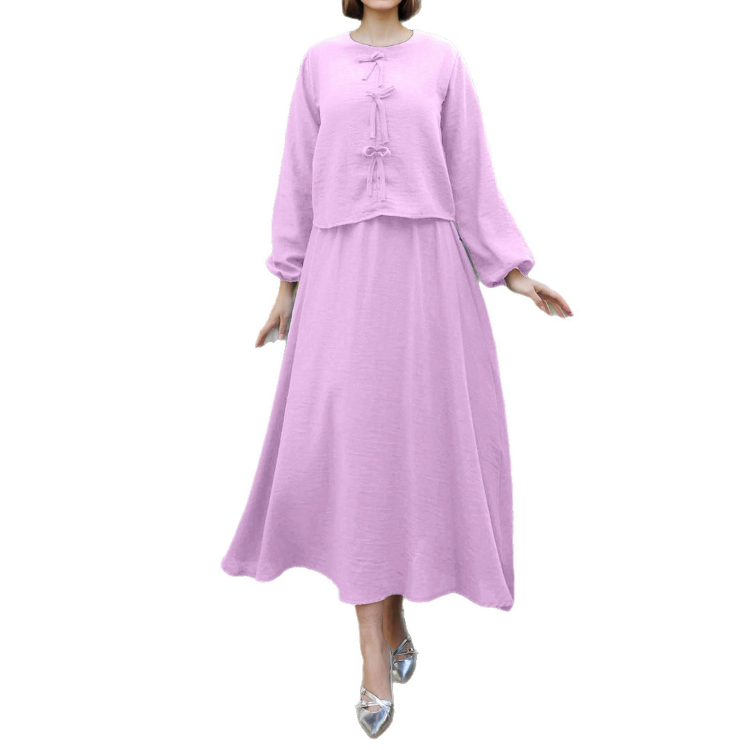 Damen Langes Zweiteiliges Maxikleid mit Überwurf, Rundhals und Zierknoten Drune