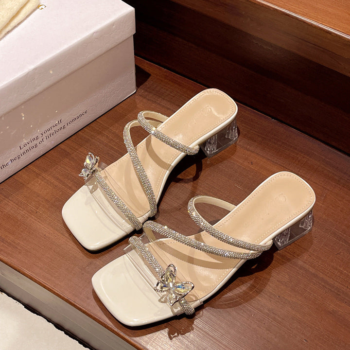 Damen elegante und glamouröse Sandalen mit funkelnden Applikationen und transparentem Blockabsatz Drune