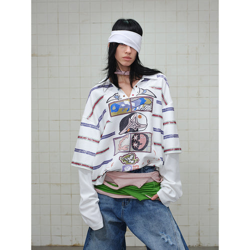 Damen Waffel-Polo-Shirt mit Grafik-Print, Streifen und halber Druckknopfleiste Drune