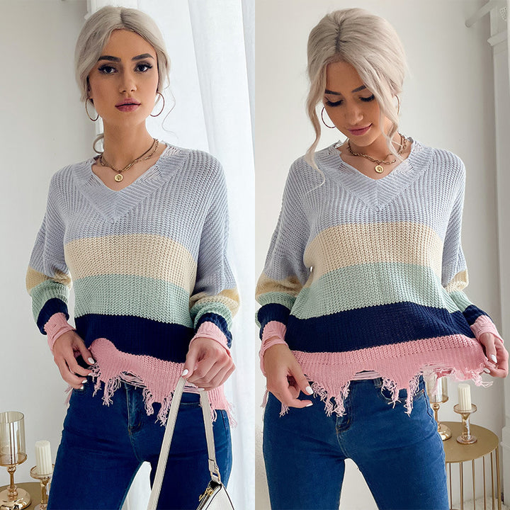 Damen Oversize V-Ausschnitt Strickpullover mit Streifendessin und ausgefranstem Saum Drune