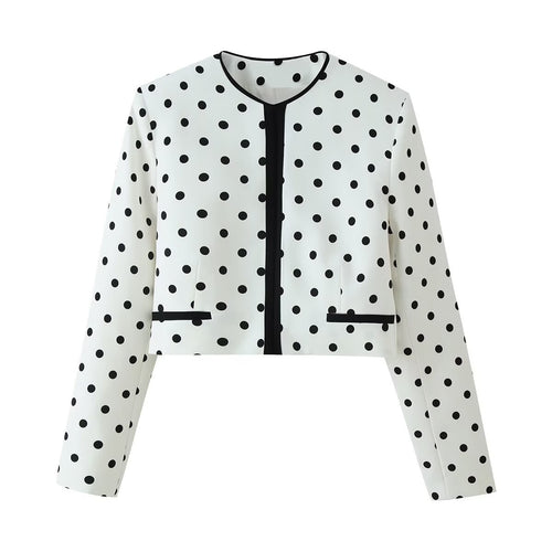 Damen Kurzblazer im Polka-Dot-Design mit Rundhalsausschnitt, kurzem Schnitt und Kontrastpaspeln Drune