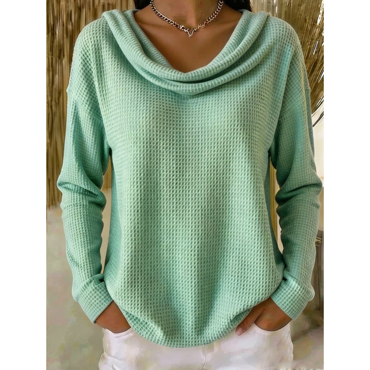 Damen Lässiger Waffelstrick-Pullover mit weitem Wasserfallkragen und gerundetem Saum Drune