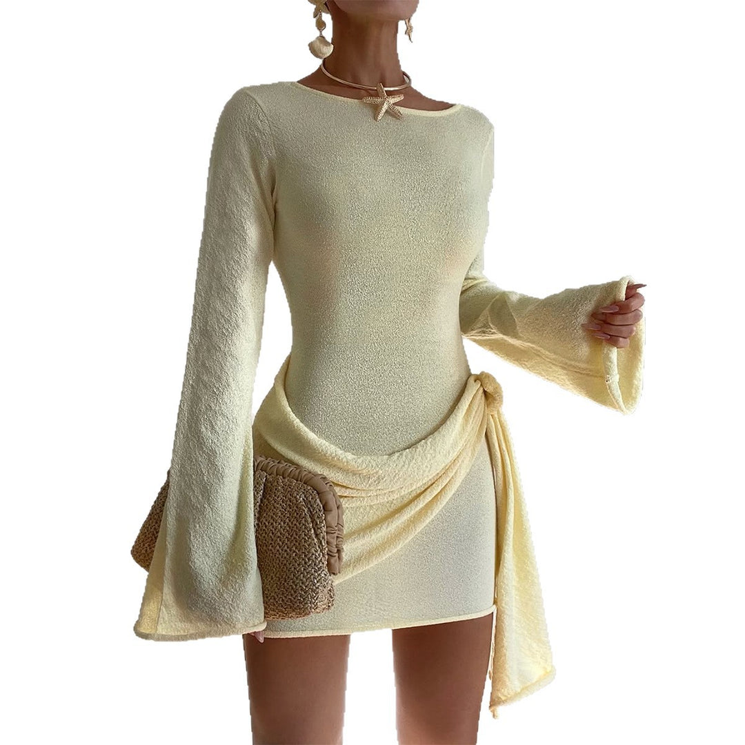 Damen nan elegantes Terry-Minikleid mit taillierter Silhouette, langen Ärmeln und seitlicher Drapé-Schleife Drune