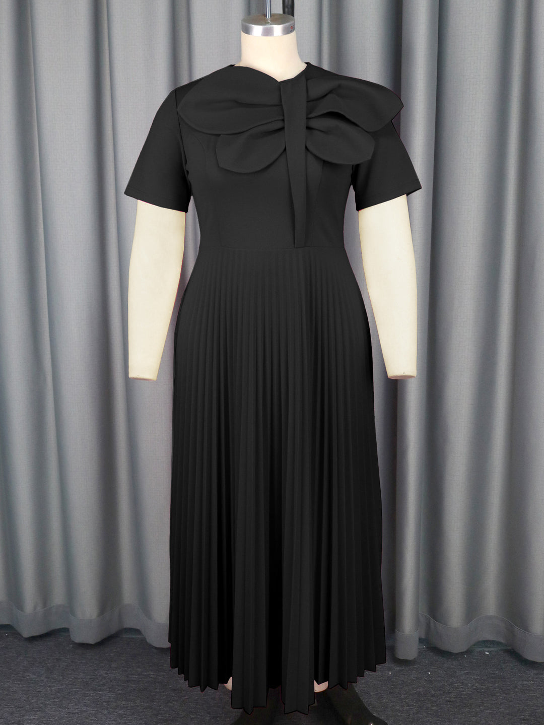 Damen plissiertes Maxikleid mit voluminösem Schleifenkragen Drune