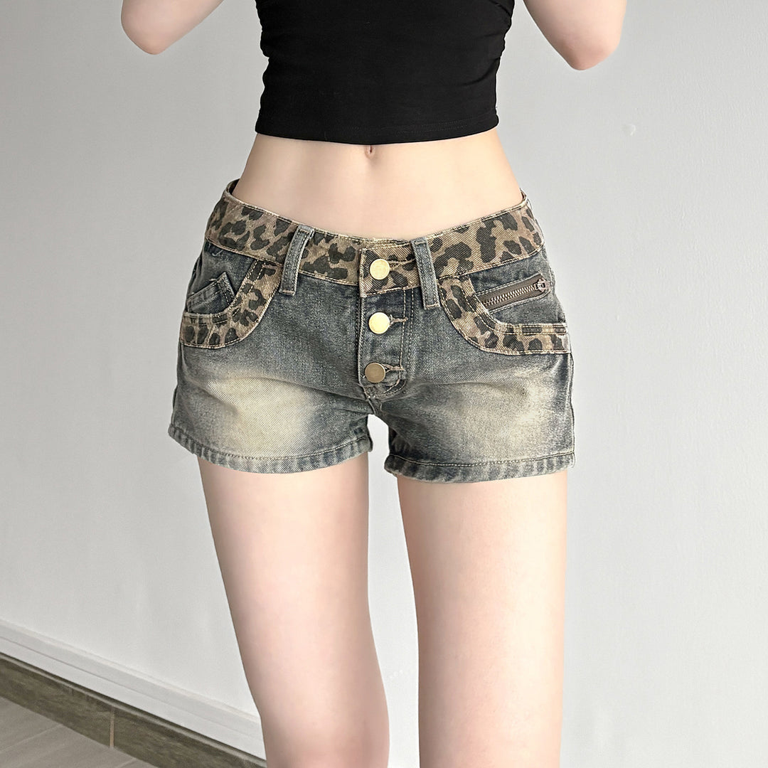 Damen Kurze Jeansshorts mit Leopardenmuster und gerafftem Bund Drune