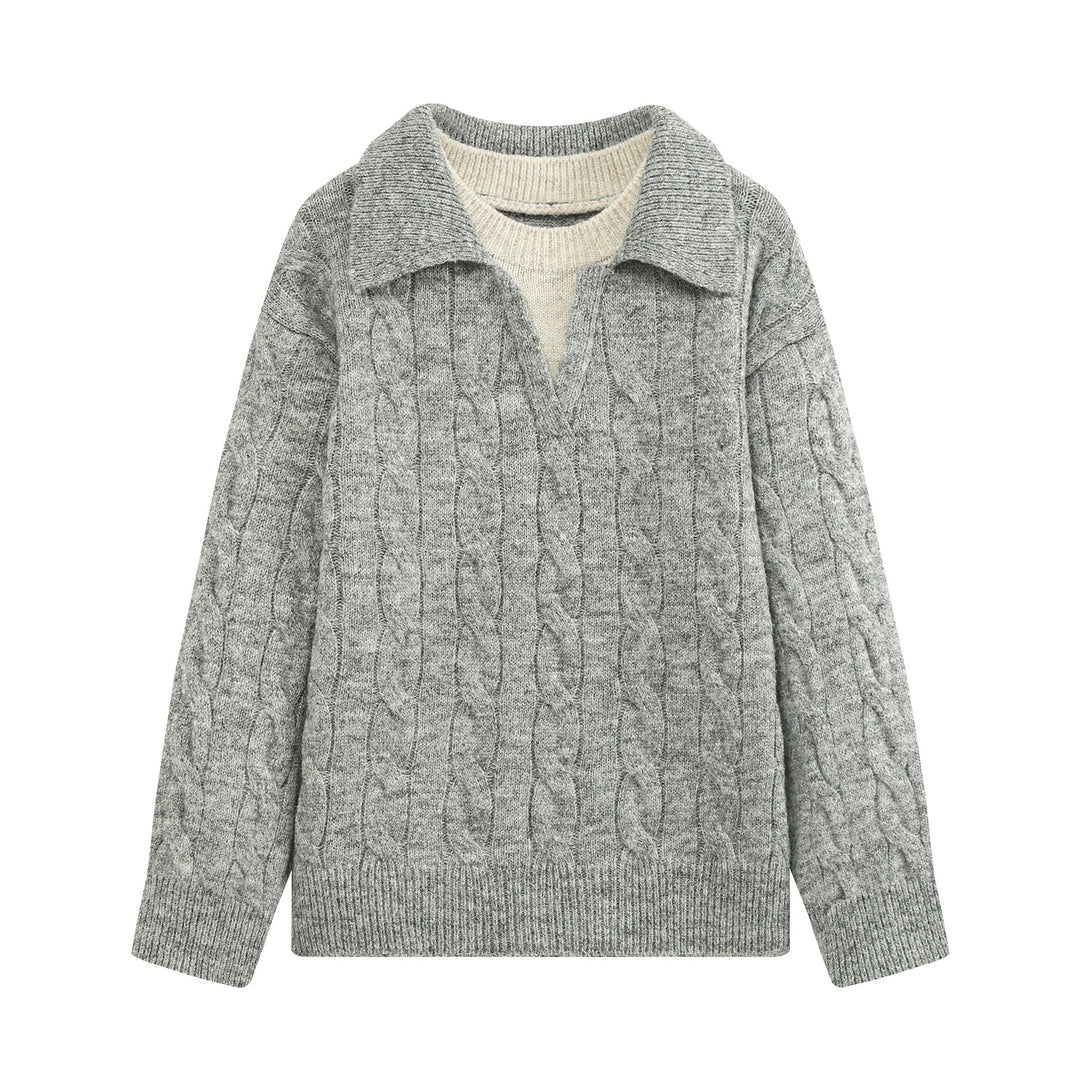 Damen Grobgestrickter Zopfmuster-Pullover mit offenem Polokragen und V‑Ausschnitt Drune