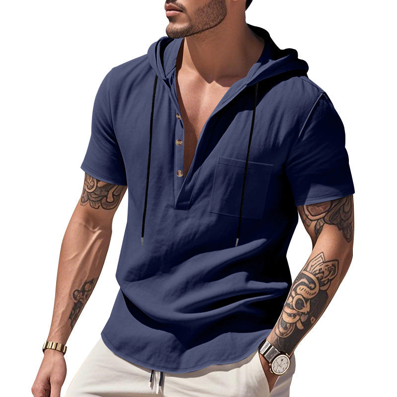 Herren nan legere Kurzarm-Kapuzen-Henley aus Single-Jersey mit Brusttasche und Kontrastkordel Drune