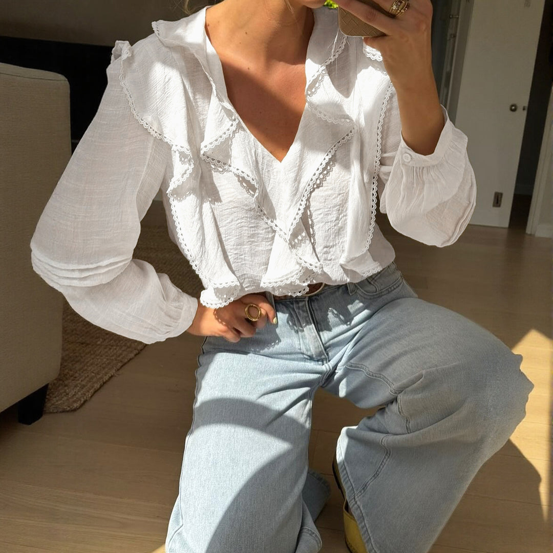 Damen Leichte V-Ausschnitt-Bluse mit Volantfront, Lochstickerei und Ballonärmeln Drune