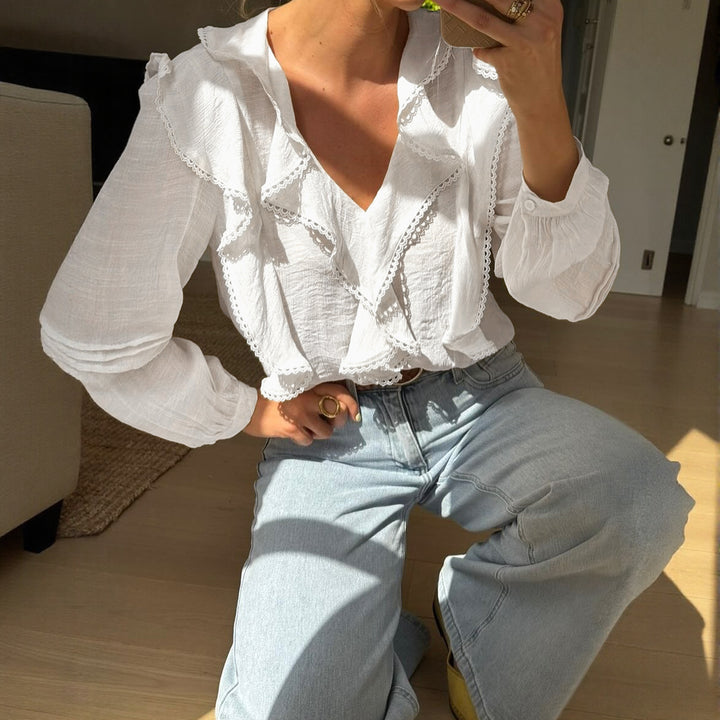 Damen Leichte V-Ausschnitt-Bluse mit Volantfront, Lochstickerei und Ballonärmeln Drune