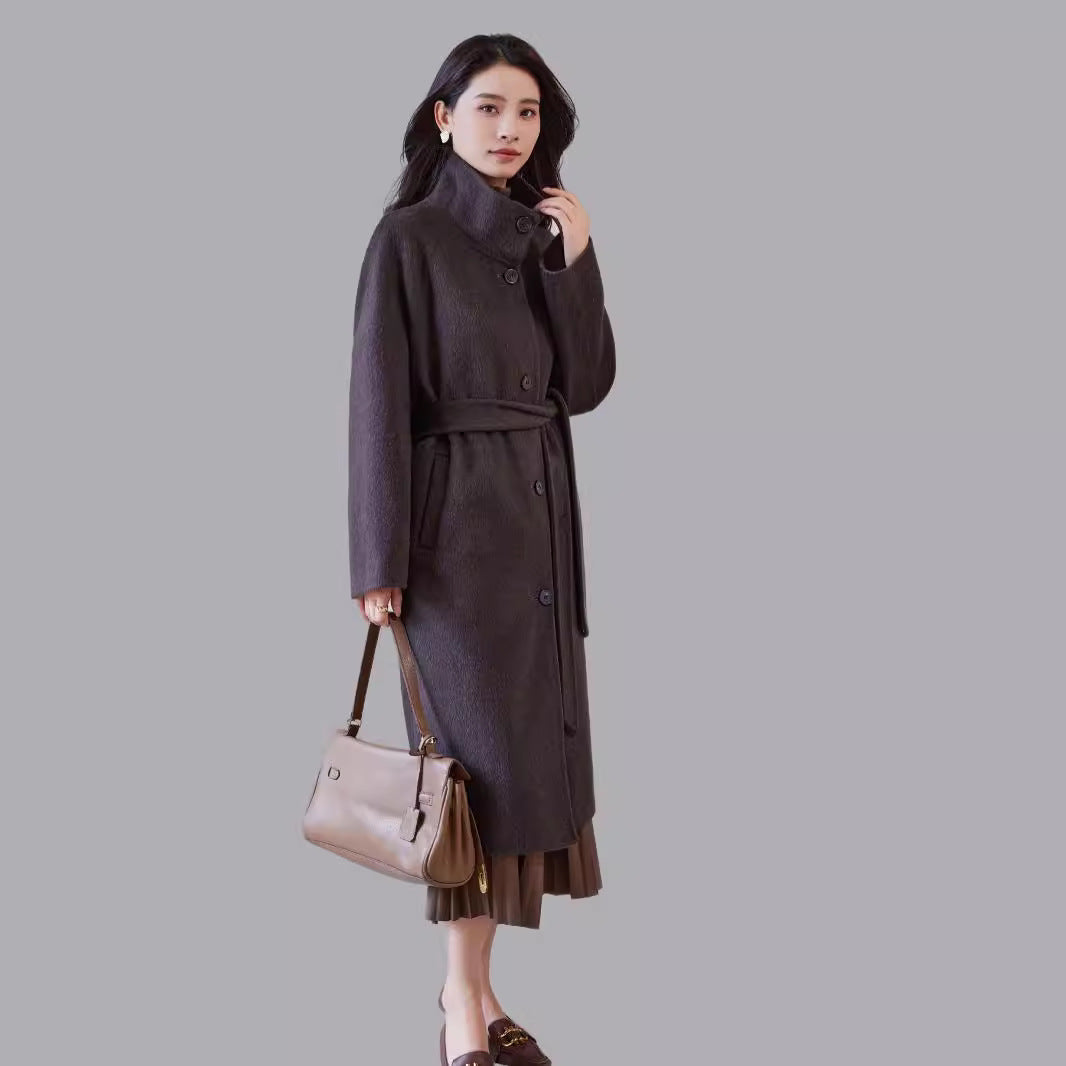 Damen Oversize Wollmantel mit Stehkragen und Taillengürtel Drune