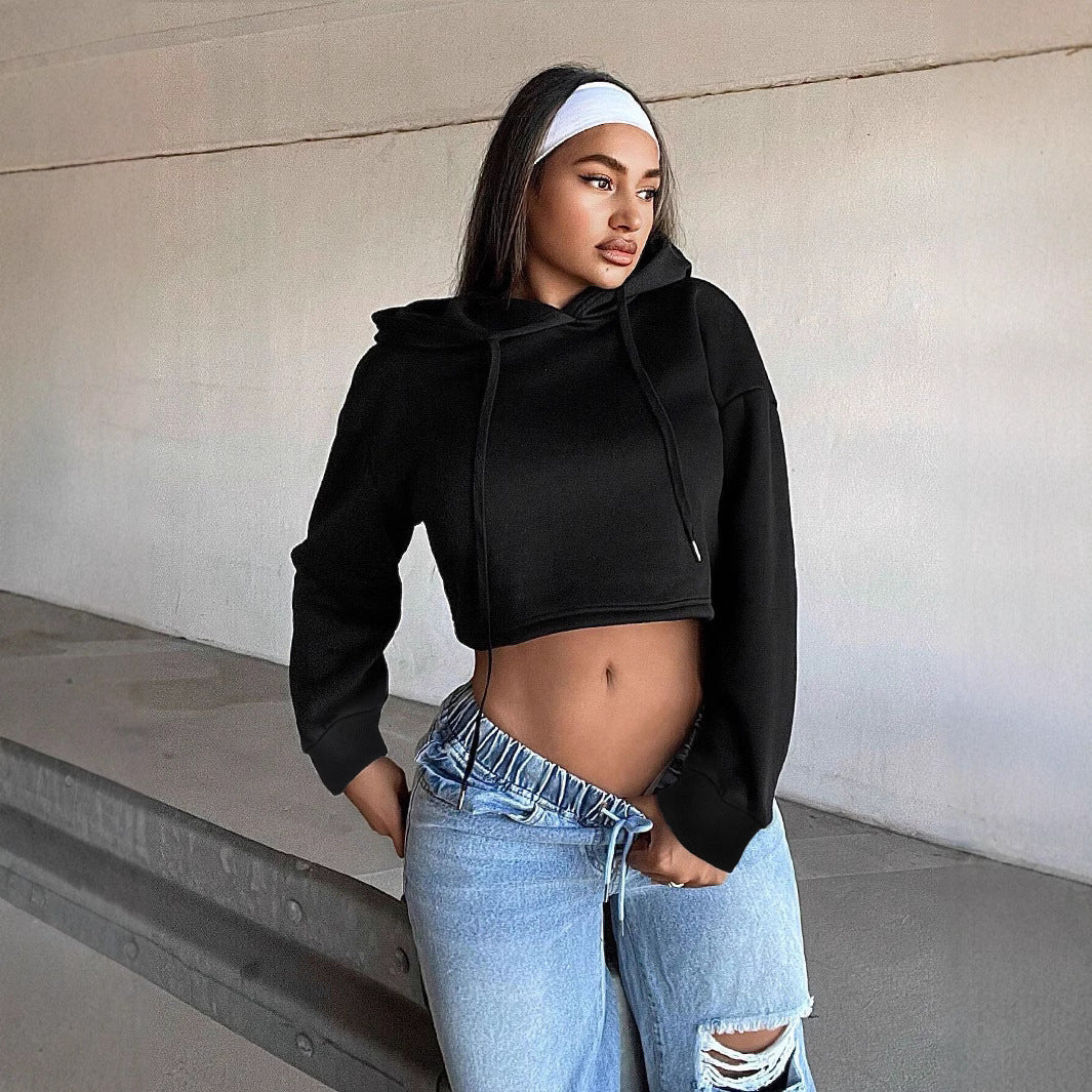 Damen kurzes Kapuzen-Sweatshirt Cropped-Hoodie mit Kordelzug gerippten Bündchen und lässiger Oversize-Passform Drune