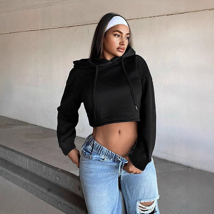 Damen kurzes Kapuzen-Sweatshirt Cropped-Hoodie mit Kordelzug gerippten Bündchen und lässiger Oversize-Passform Drune