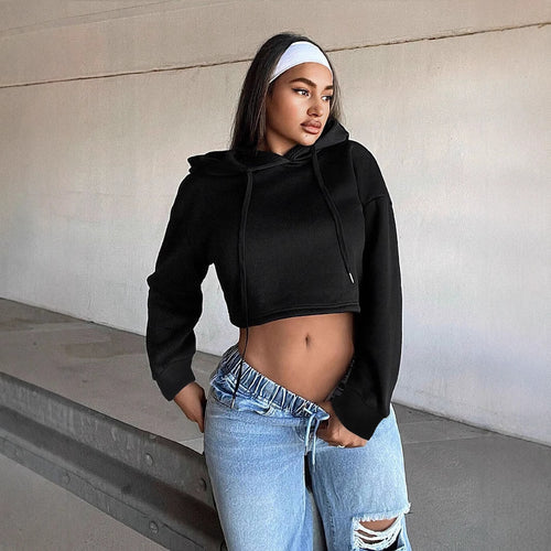 Damen cropped Sweatshirt mit lockerer Passform und Kapuze Drune