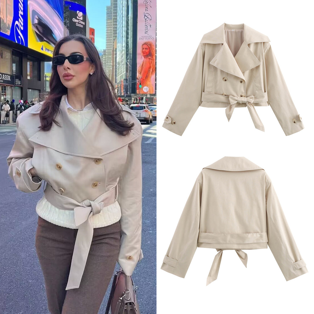Damen Cropped Trenchjacke mit breitem Revers, Taillengürtel und Doppelknopfreihe Drune
