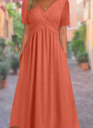 Damen nan luftiges V-Ausschnitt Midikleid mit überkreuzter Brustpartie, kurzen Ärmeln und Eingrifftaschen Drune