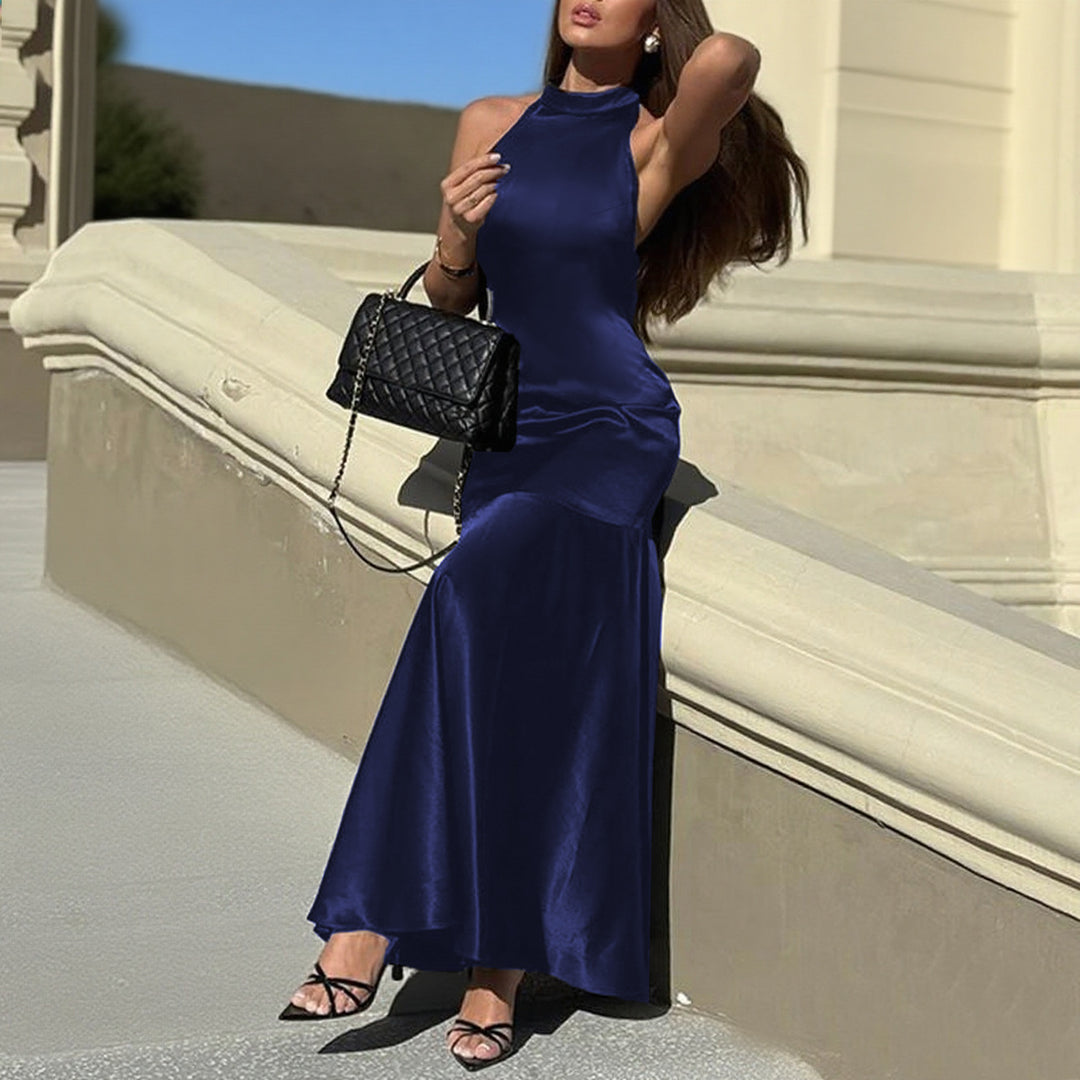Damen Elegantes Maxikleid mit hohem Kragen und ausgestelltem Rock Drune
