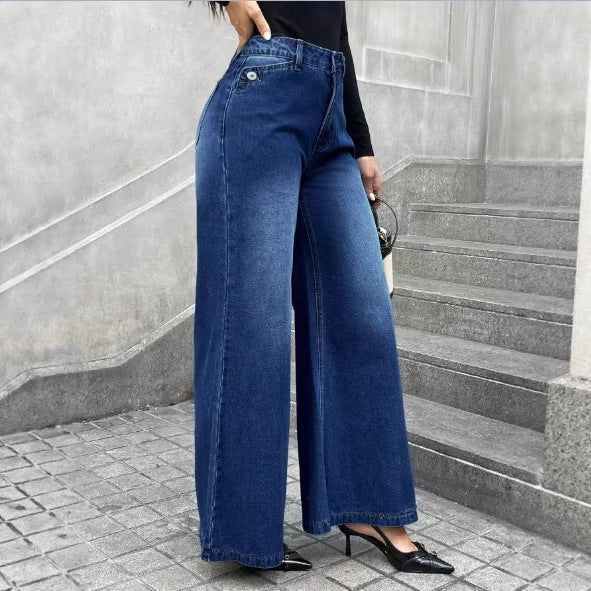 Damen High-Waist Denim-Palazzo-Hose mit fließendem Tellerfall und weitem Bein Drune
