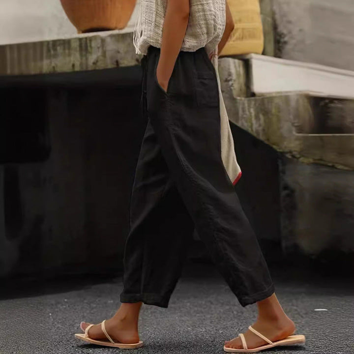 Damen lässige Leinenhose mit elastischem Bund und seitlichen Taschen Drune