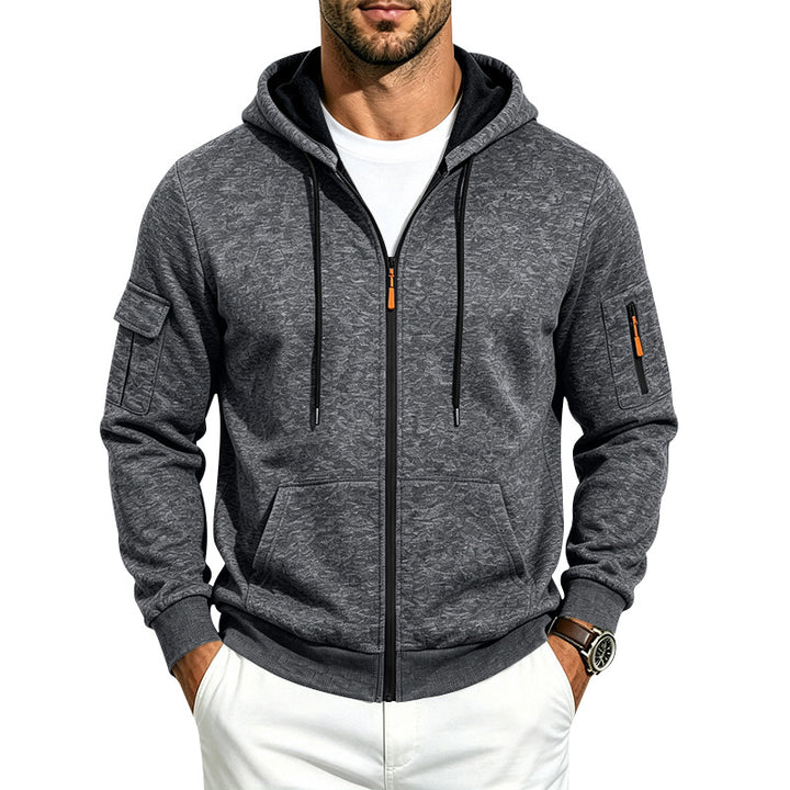 Herren Melierte Zip‑Hoodie‑Jacke mit Utility‑Ärmeltasche und Känguru‑Taschen Drune