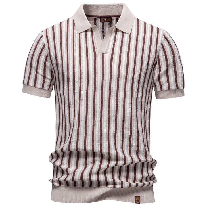 Herren nan gestreiftes Strickpoloshirt kurzarm aus feiner Baumwollmischung mit Polokragen und Rippbündchen Drune