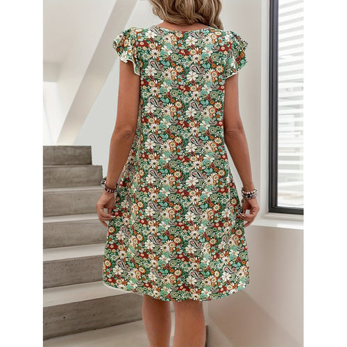 Damen Floral Print Kurzarm Shift Kleid Drune