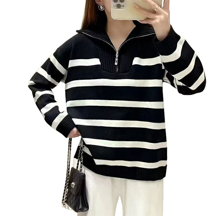 Damen lässiger Strickpullover mit hohem Kragen und Reißverschluss Drune