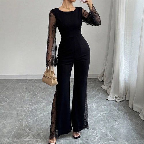 Damen Eleganter Jumpsuit mit schimmernder Spitze und weitem Bein Drune
