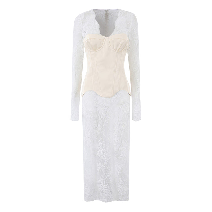 Damen Spitzen‑Maxikleid mit Korsett‑Oberteil und langen Ärmeln Drune