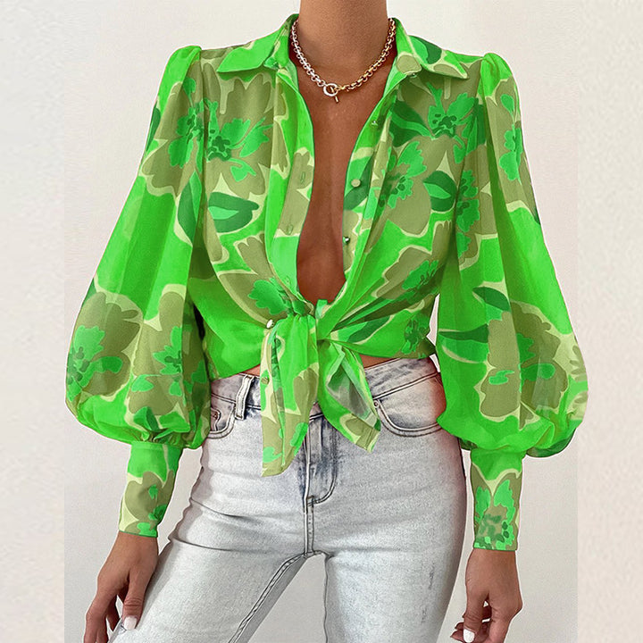 Damen Bluse mit raffiniertem Krawattenverschluss und Puffärmeln Drune