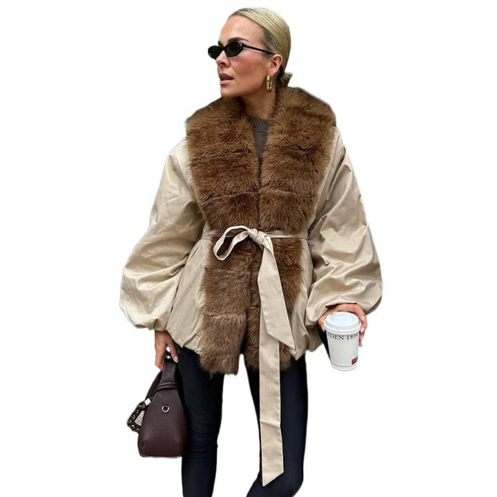 Damen Kurze Taillierte Jacke mit Fellkragen und Ballonärmeln Drune