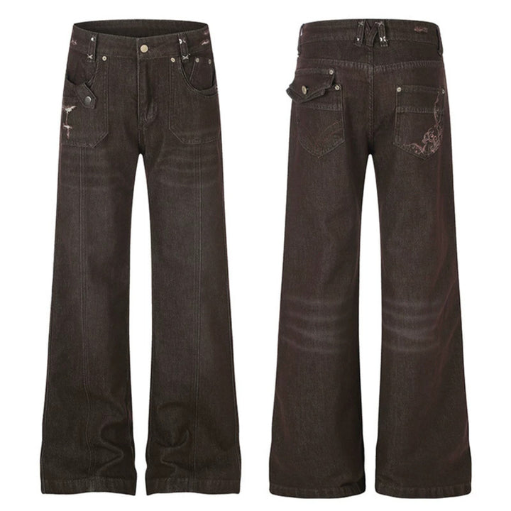 Damen Weite High‑Waist Denimhose mit geradem Bein und Utility‑Pattentaschen Drune