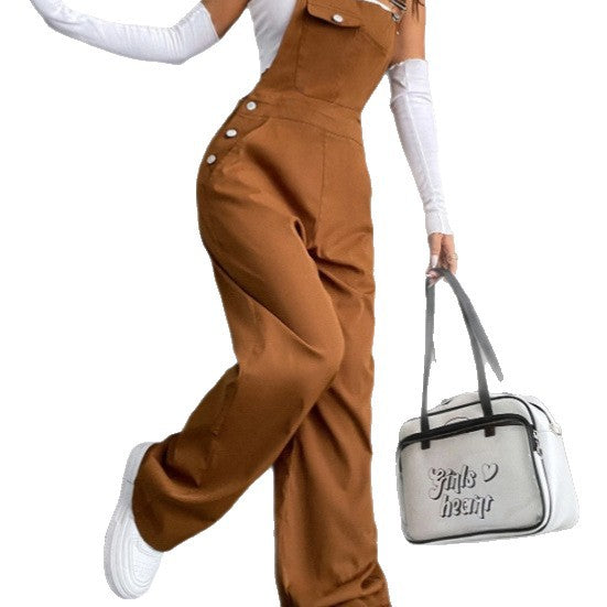 Damen lässige hochgeschnittene Latzhose mit weitem Bein, Knopfdetails und Brusttasche Drune