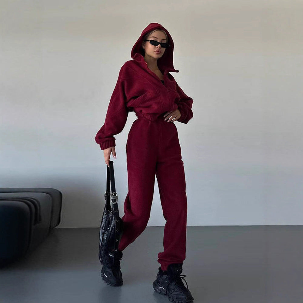 Damen Fleece-Jogginganzug mit modischem Stehkragen und praktischen Taschen Drune