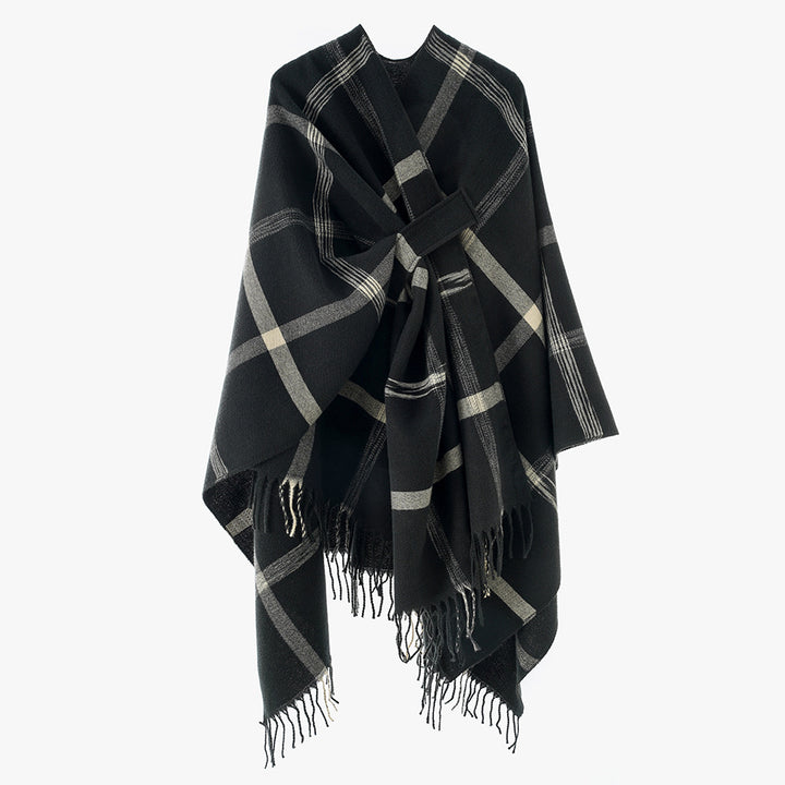 Damen Cape‑Poncho mit integriertem Bindegürtel, kastiger Oversize‑Silhouette und Fransensaum Drune