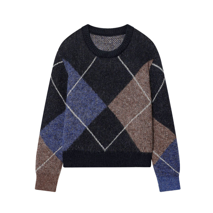 Damen nan kurz geschnittener Argyle-Strickpullover mit Rundhals, Raglanärmeln und geripptem Bund Drune