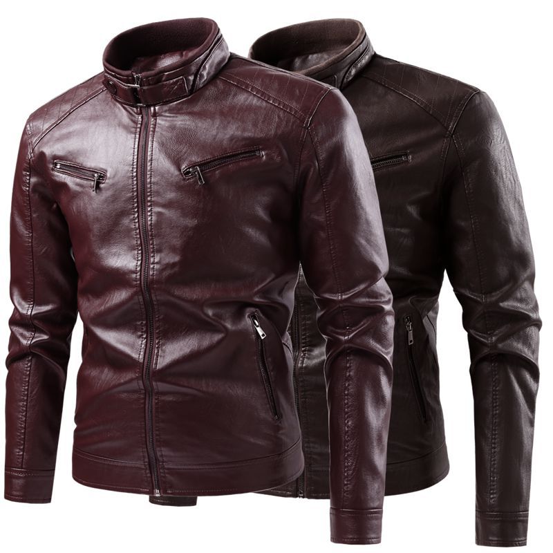 Herren Moderne Kunstlederjacke mit Stehkragen und Reißverschlusstaschen Drune