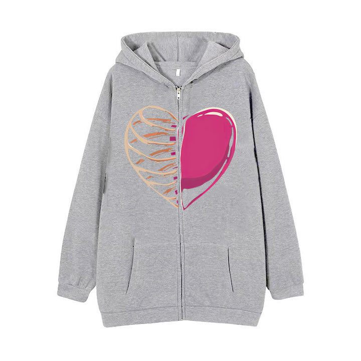 Damen nan Kapuzenjacke mit durchgehendem Reißverschluss und Rippenherz-Print Drune