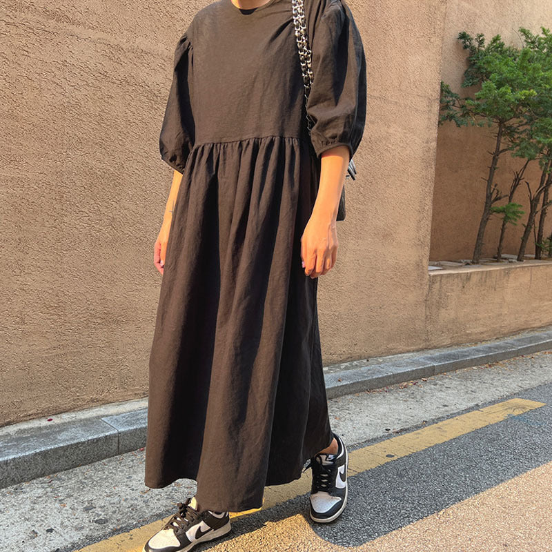 Damen Fließendes Maxikleid aus Leinenmix mit geraffter Taillennaht und Ballonärmeln Drune