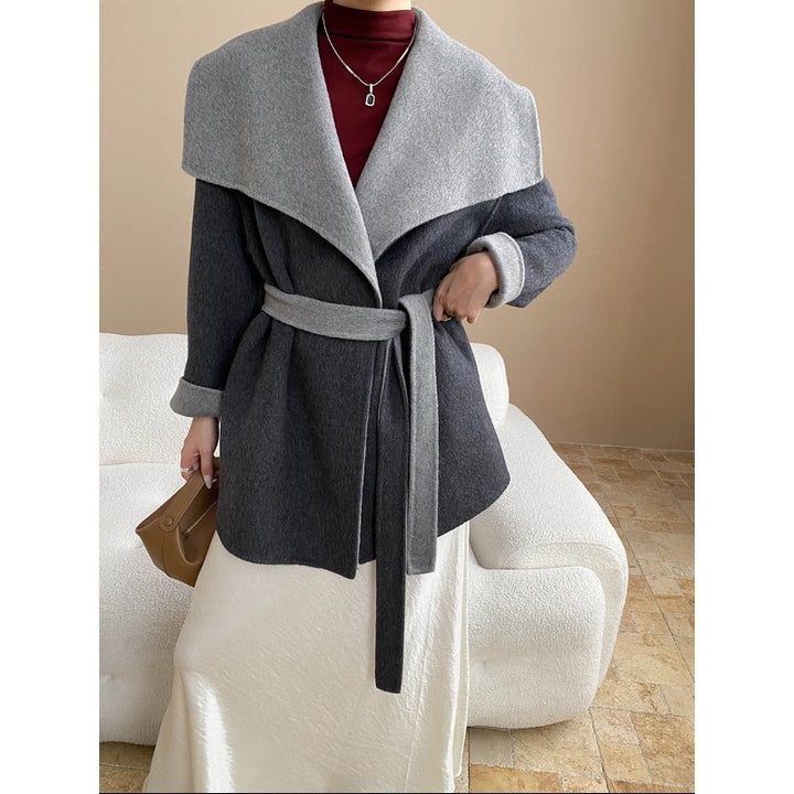 Damen elegante Wolljacke mit breitem Revers und Bindegürtel Drune