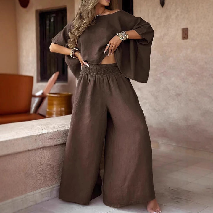 Damen Leichter Leinen-Zweiteiler mit Cropped Oversize-Top und Smokbund-Palazzohose Drune
