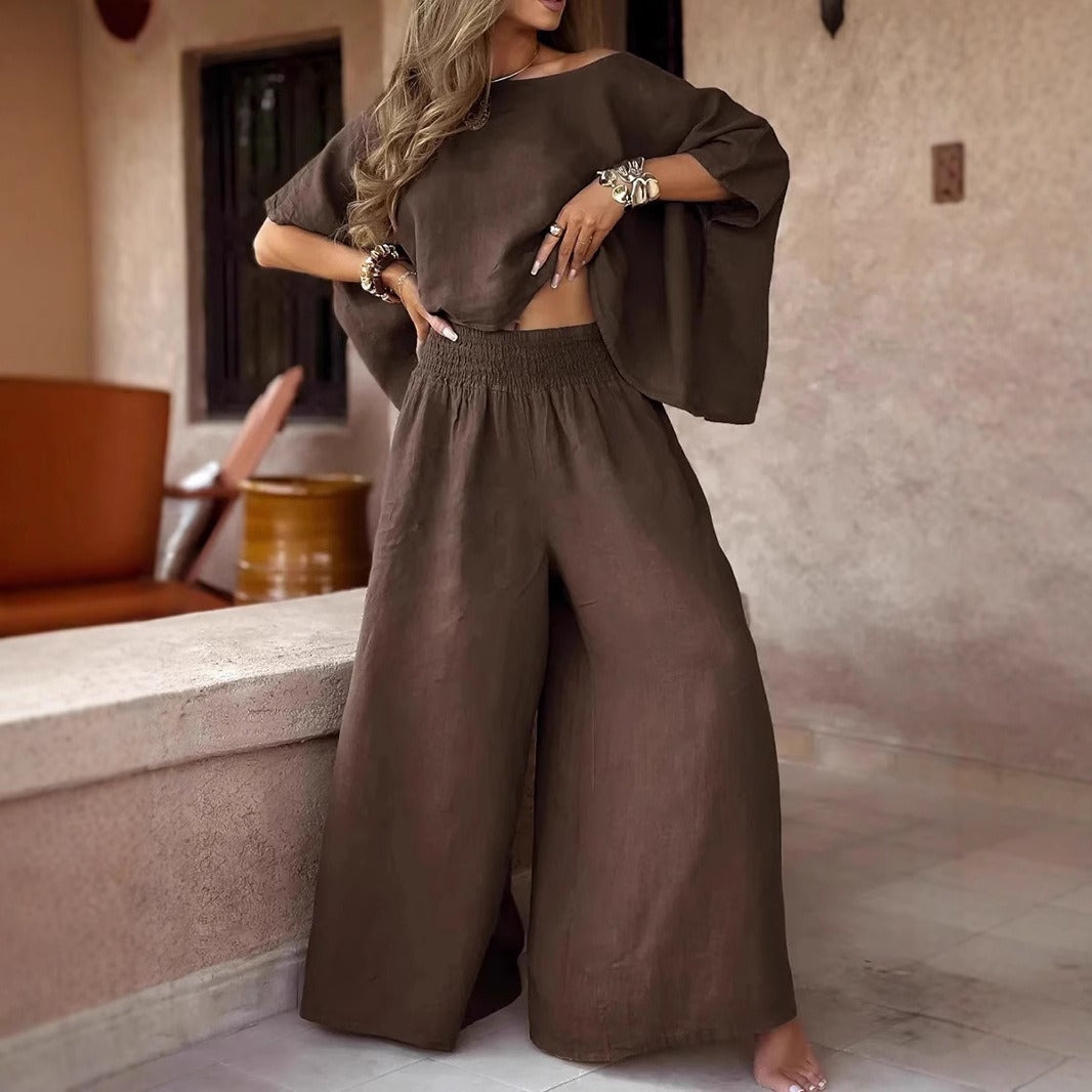 Damen Leinen-Set mit Cropped Oversize-Top und hohem elastischem Bund Palazzohose Drune