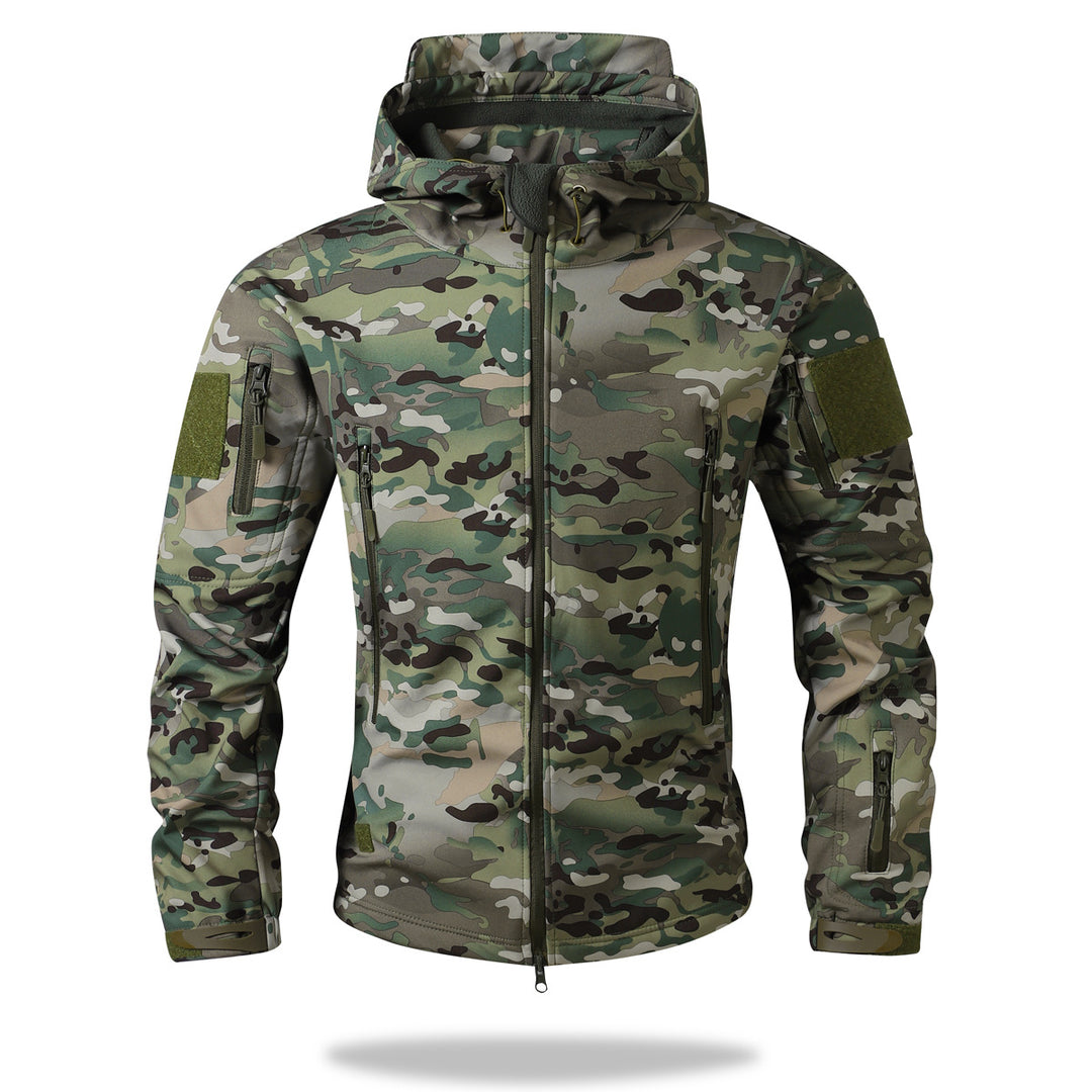 Herren Taktische Softshelljacke mit Kapuze, Camouflage‑Design und Multifachtaschen Drune