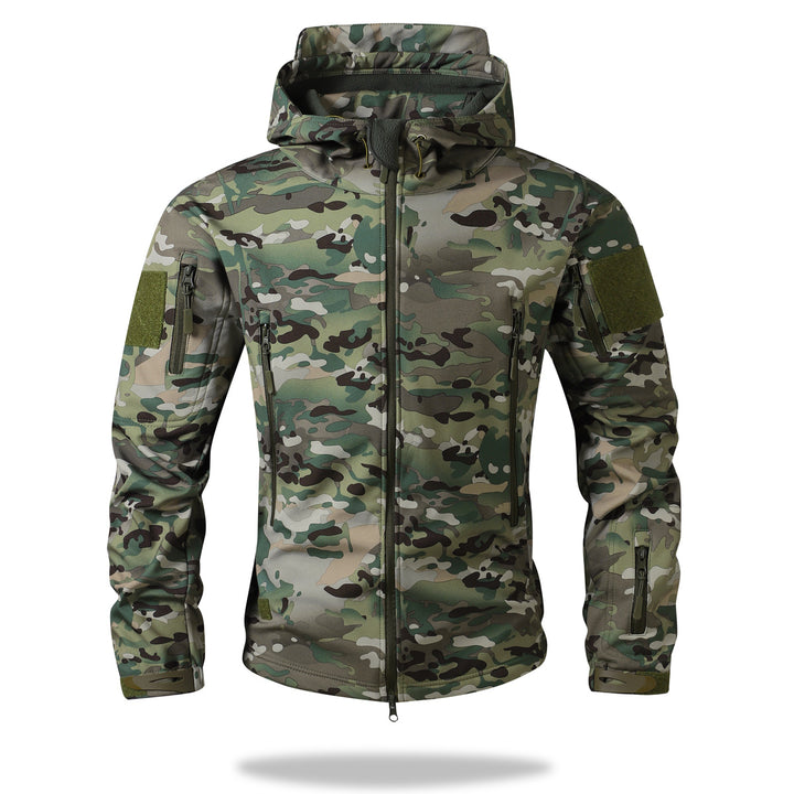 Herren Taktische Softshelljacke mit Kapuze, Camouflage‑Design und Multifachtaschen Drune
