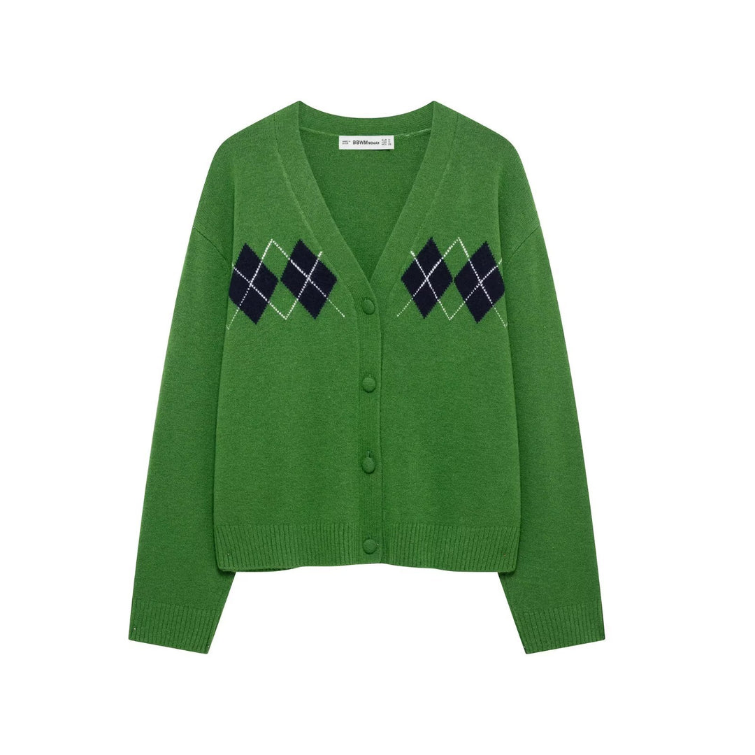 Damen V-Ausschnitt Rautenmuster Cardigan Drune