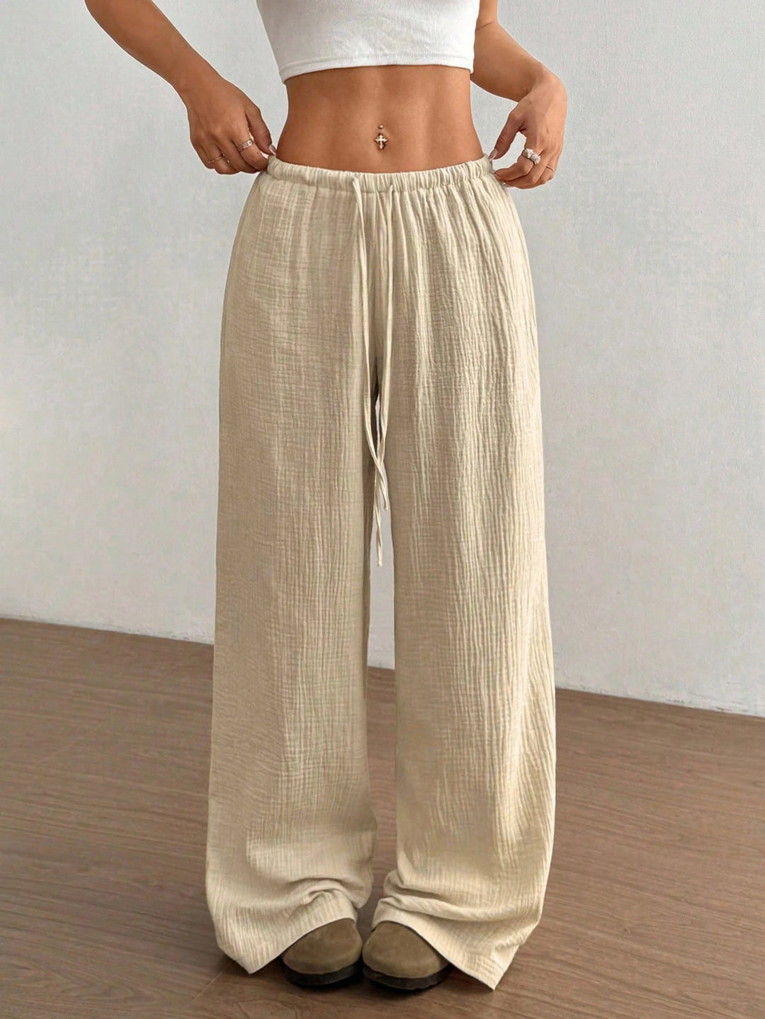 Damen Weite Baumwoll-Gauze-Hose mit hohem Bund, Gummizug und Kordelzug Drune