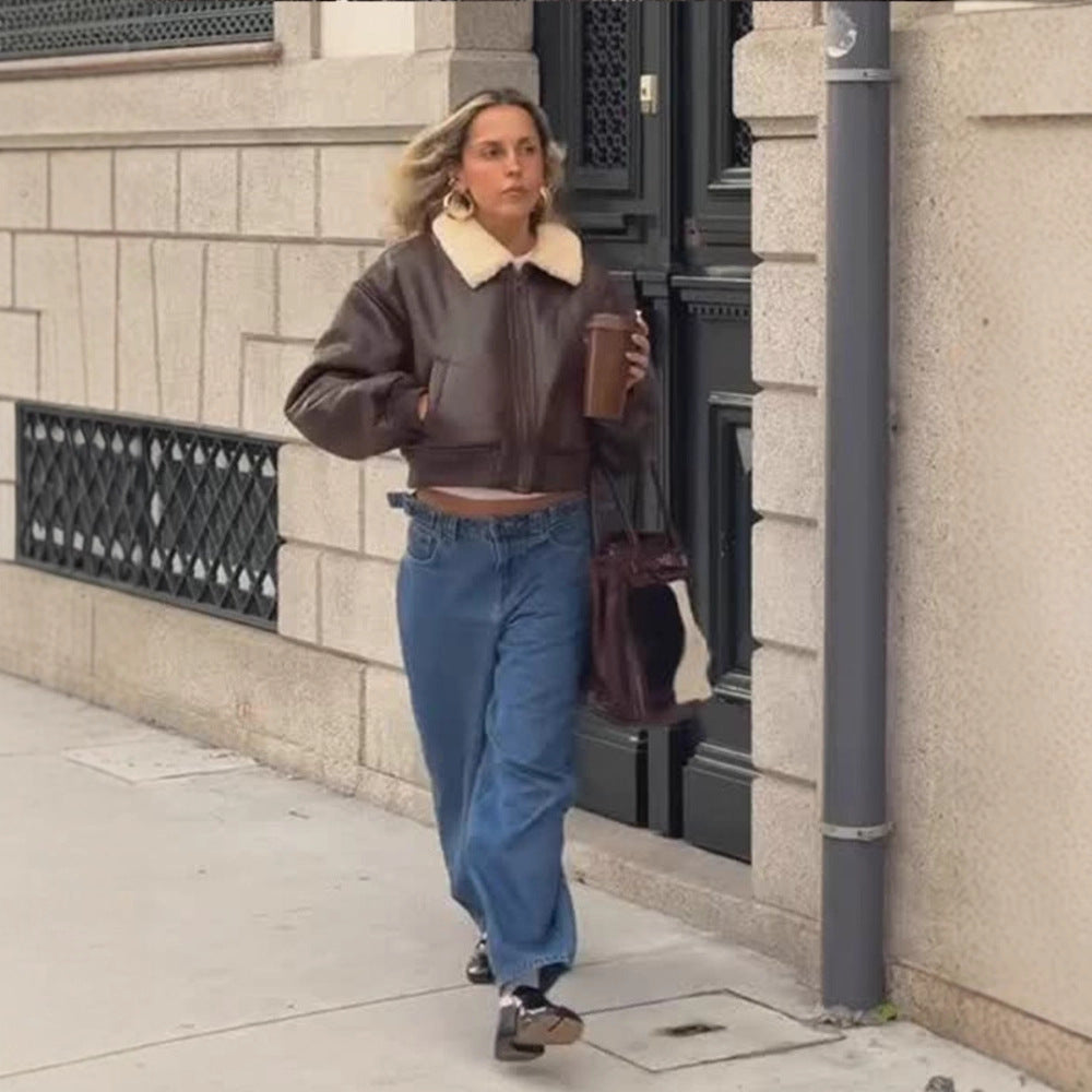 Damen Oversized Fliegerjacke im Biker-Bomber-Stil mit Teddykragen Drune