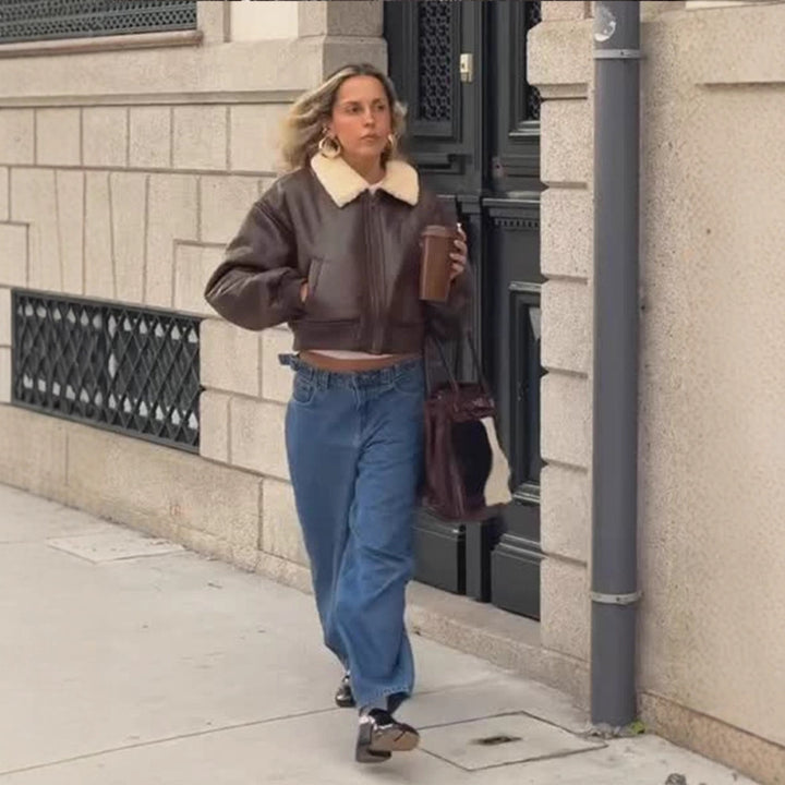 Damen Oversized Fliegerjacke im Biker-Bomber-Stil mit Teddykragen Drune