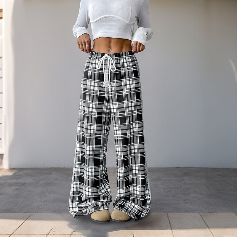 Damen Weite Lounge‑Hose im Karomuster mit elastischem Bund und Kontrast‑Seitpanel Drune